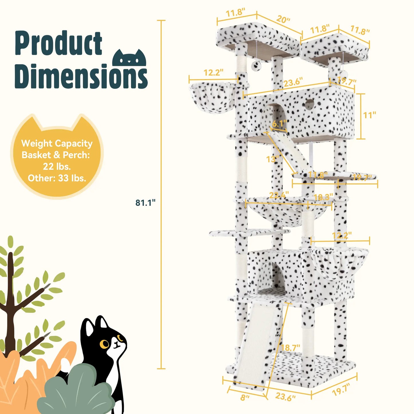 HOOMIC 81In Large Cat Tree Tower, Multi-Level Climbing House with Condo, Hammock & Scratching Post, Wide Base for Big Felines, Grey/Beige/Dark Blue/Pink/Leopard Print/Black Dots#Mothersdaygift
