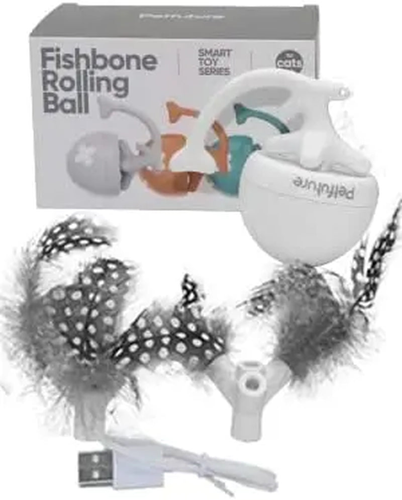 Fishbone Rolling Ball Pet Toy Cat Toy Interactive Indoor Pet Toy Kicker with Catnip Kitten Electric Cat Toy Ball 2 Accessories USB Rechargeable