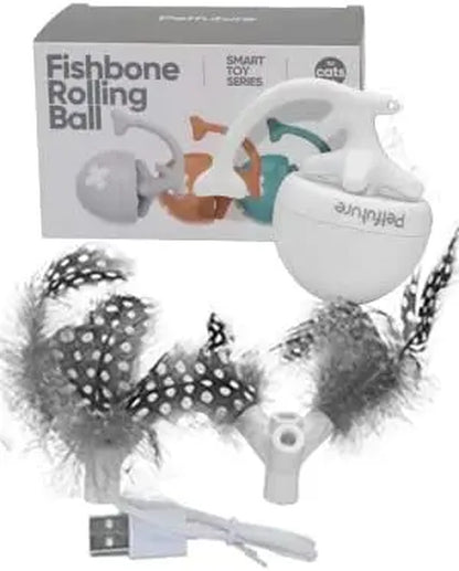 Fishbone Rolling Ball Pet Toy Cat Toy Interactive Indoor Pet Toy Kicker with Catnip Kitten Electric Cat Toy Ball 2 Accessories USB Rechargeable