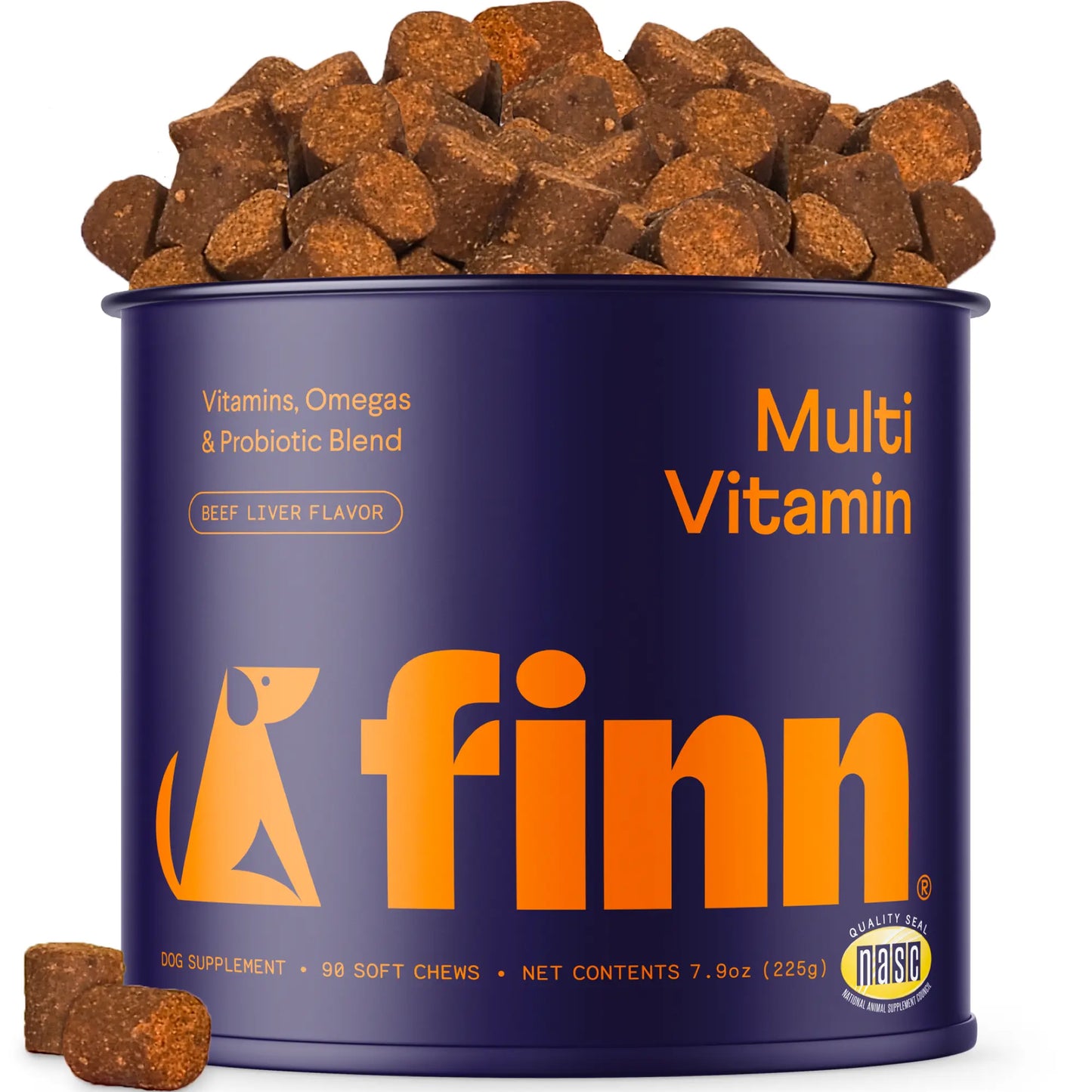 FINN All-In-1 Dog Multivitamin - Probiotics, Omega-3S, Glucosamine, Gut & Immune Health, Joint Support, Heart Health - Canine Nutritional Supplement – NASC Approved & Certified – Beef Liver Flavor – 90 Soft Chews