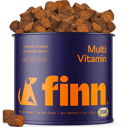 FINN All-In-1 Dog Multivitamin - Probiotics, Omega-3S, Glucosamine, Gut & Immune Health, Joint Support, Heart Health - Canine Nutritional Supplement – NASC Approved & Certified – Beef Liver Flavor – 90 Soft Chews