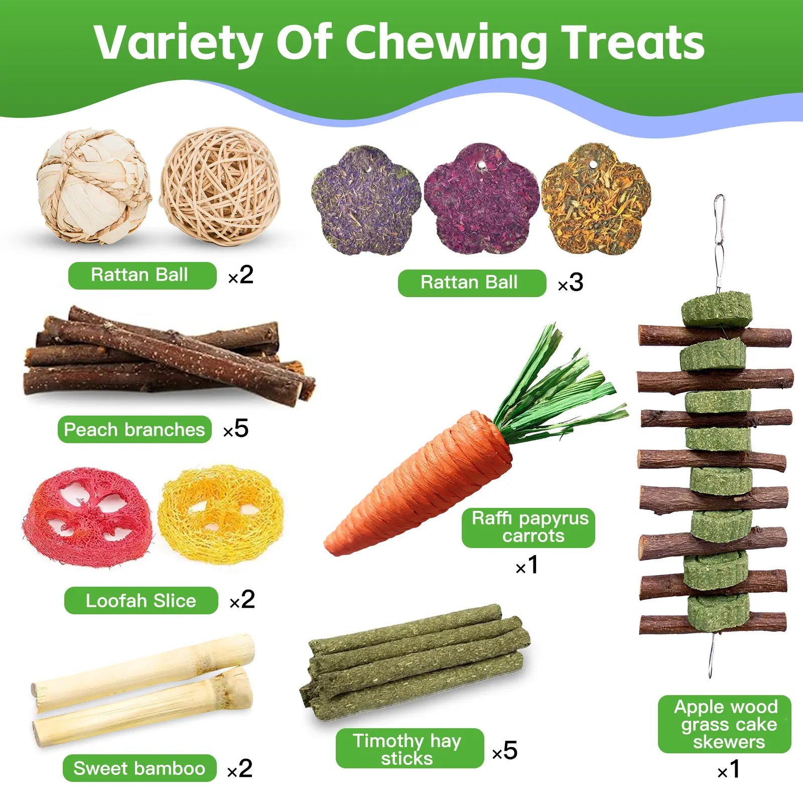 21-Piece Rabbit Toys Dental Chew Toys with Peach Wood Sticks, Timothy Hay Cakes Small Animal Teeth Care Chew Toys for Rabbits, Hamsters, Chinchillas, Gerbils