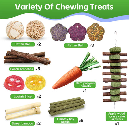 21-Piece Rabbit Toys Dental Chew Toys with Peach Wood Sticks, Timothy Hay Cakes Small Animal Teeth Care Chew Toys for Rabbits, Hamsters, Chinchillas, Gerbils