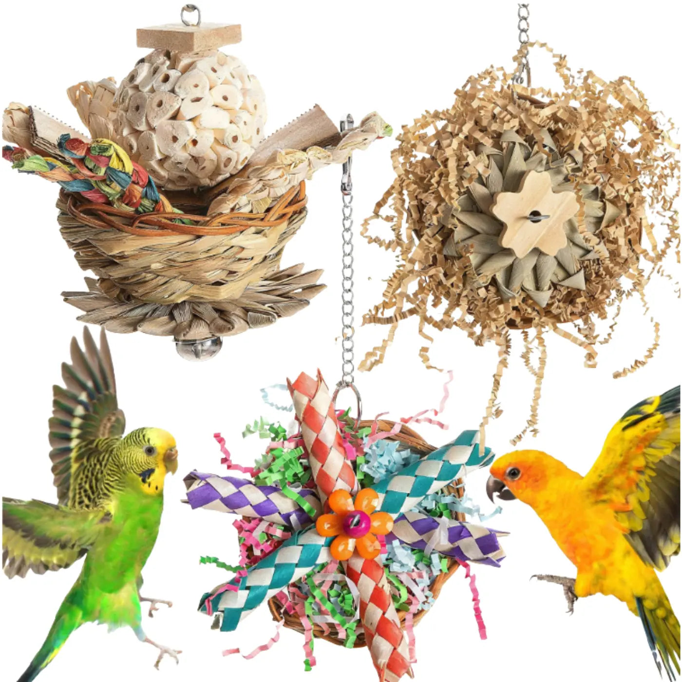 3PCS Parrot Chewing Toy Set - Natural Woven Creative Bird Toys with Shredding Paper, Colorful Hanging Toys for Budgies, Sun Conures & Small Parrots | Bird Cage Enrichment Accessories Parakeet Cage Accessory Toy with Bells