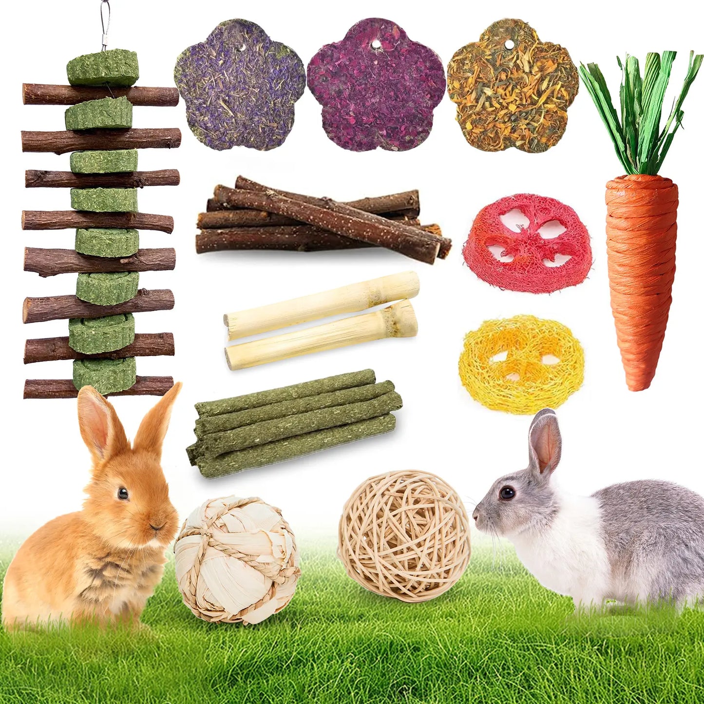 21-Piece Rabbit Toys Dental Chew Toys with Peach Wood Sticks, Timothy Hay Cakes Small Animal Teeth Care Chew Toys for Rabbits, Hamsters, Chinchillas, Gerbils