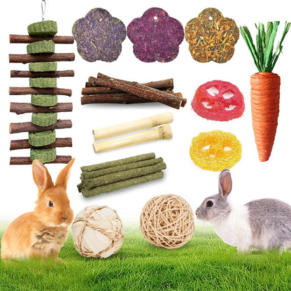 21-Piece Rabbit Toys Dental Chew Toys with Peach Wood Sticks, Timothy Hay Cakes Small Animal Teeth Care Chew Toys for Rabbits, Hamsters, Chinchillas, Gerbils