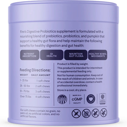 FINN Digestive Probiotics for Dogs - Complete Digestive System Support with 6 Stains Live Probiotics, Pumpkin & Prebiotics - Vet Recommended - 90 Soft Chews – Canine Nutritional Supplement