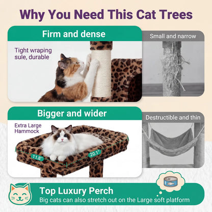 HOOMIC 81In Large Cat Tree Tower, Multi-Level Climbing House with Condo, Hammock & Scratching Post, Wide Base for Big Felines, Grey/Beige/Dark Blue/Pink/Leopard Print/Black Dots#Mothersdaygift