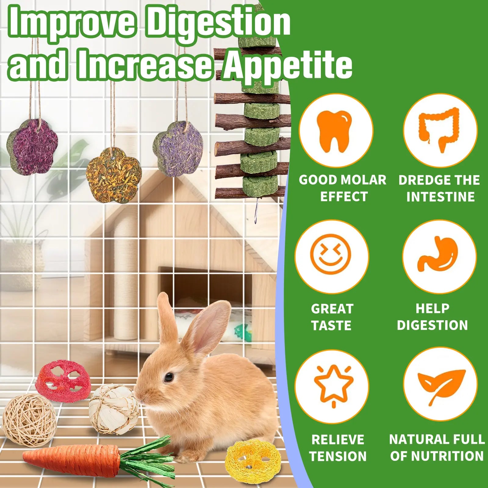 21-Piece Rabbit Toys Dental Chew Toys with Peach Wood Sticks, Timothy Hay Cakes Small Animal Teeth Care Chew Toys for Rabbits, Hamsters, Chinchillas, Gerbils
