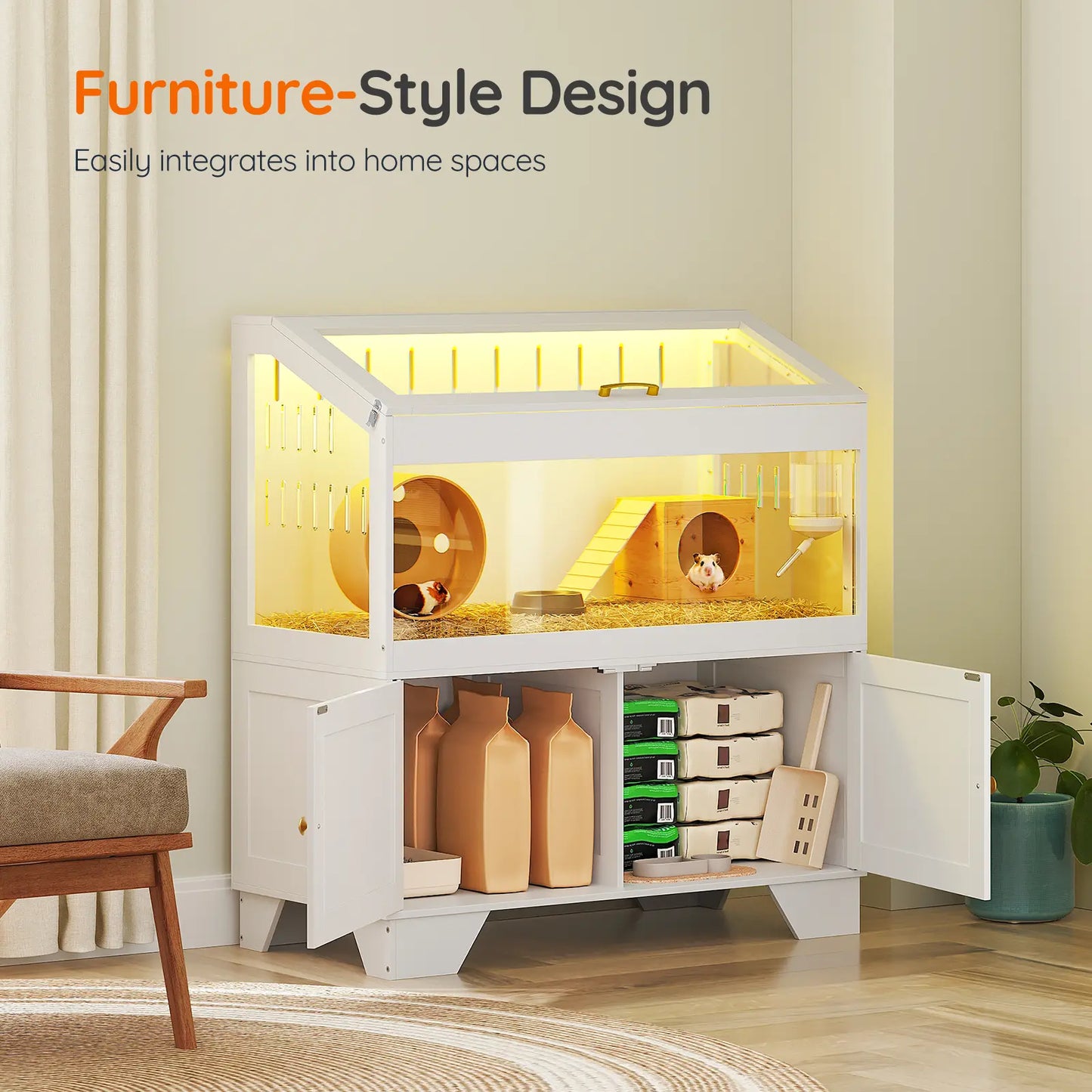[Mother'S Day Gift]Hoobro Large Hamster Cage, Small Animal Cage with Storage Cabinet and Led Light Strip, Acrylic Guinea Pig Cage with Flip-Top Lid, Easy to Clean, 39.4" X 18.9" X 42.5", White