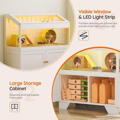 [Mother'S Day Gift]Hoobro Large Hamster Cage, Small Animal Cage with Storage Cabinet and Led Light Strip, Acrylic Guinea Pig Cage with Flip-Top Lid, Easy to Clean, 39.4" X 18.9" X 42.5", White