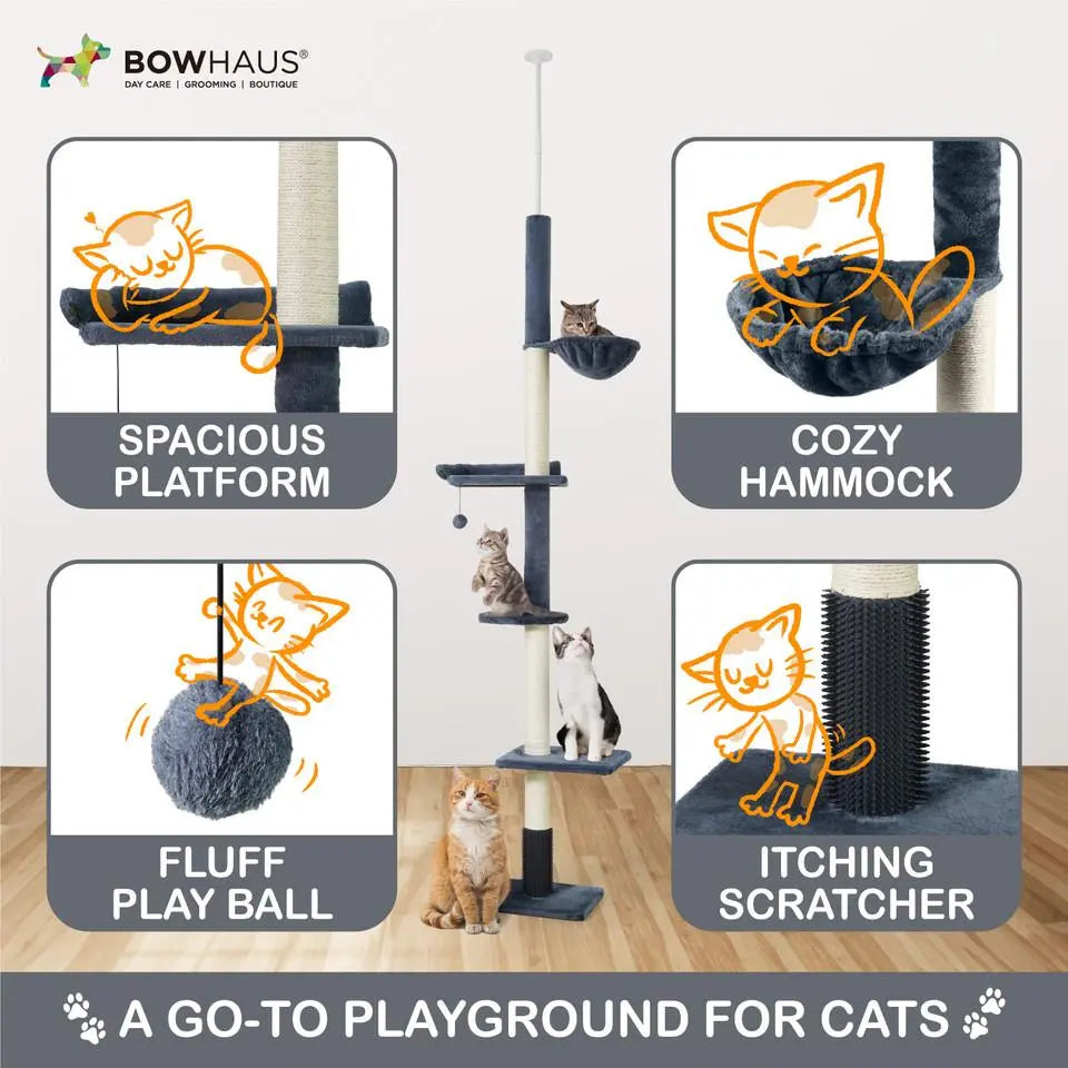 Elevate Your Cat's Playtime with the CAPHAUS Adjustable Floor to Ceiling Cat Tree - Cozy Hammock, Scratching Post & Interactive Play Features!