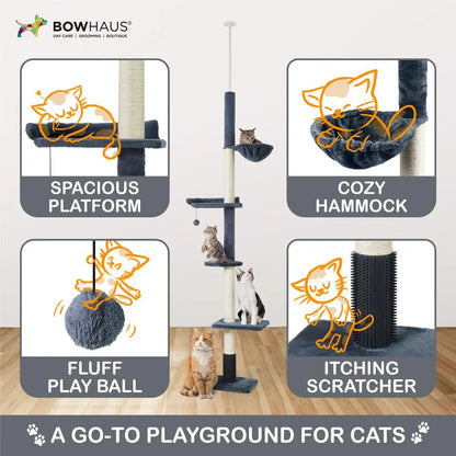 Elevate Your Cat's Playtime with the CAPHAUS Adjustable Floor to Ceiling Cat Tree - Cozy Hammock, Scratching Post & Interactive Play Features!