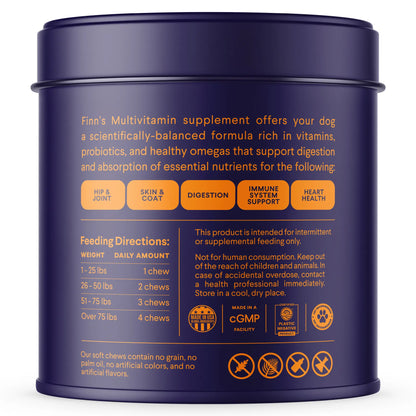FINN All-In-1 Dog Multivitamin - Probiotics, Omega-3S, Glucosamine, Gut & Immune Health, Joint Support, Heart Health - Canine Nutritional Supplement – NASC Approved & Certified – Beef Liver Flavor – 90 Soft Chews