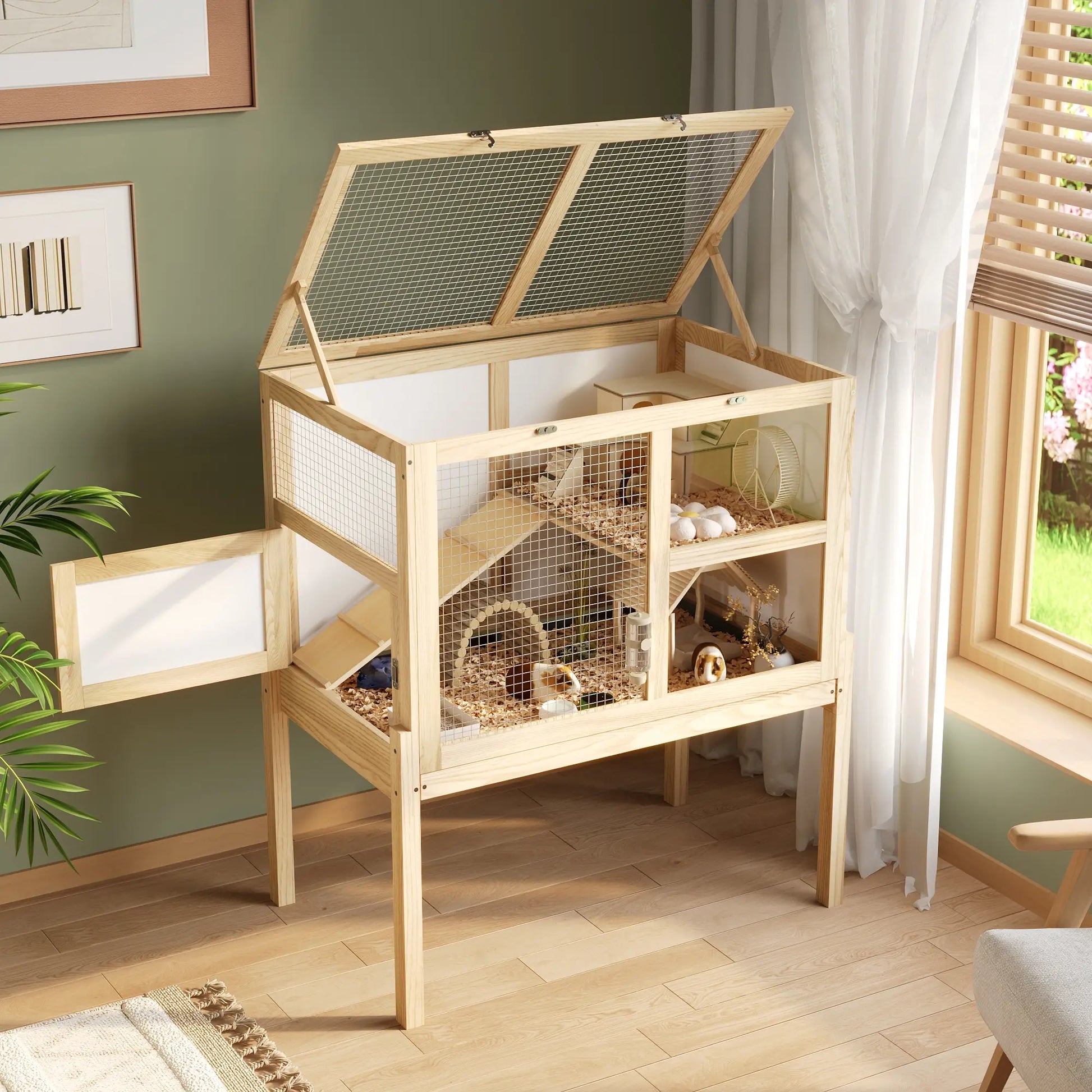 UFU&GAGA Guinea Pig Cages for 2, Small Animals Rabbit Cages with a Pull Out Tray, Large Wooden Indoor 2-Story Hamster House, Guinea Pig Hideout Habitat Playpen with Ramp, Platform, Natural