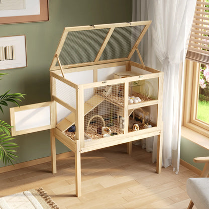 UFU&GAGA Guinea Pig Cages for 2, Small Animals Rabbit Cages with a Pull Out Tray, Large Wooden Indoor 2-Story Hamster House, Guinea Pig Hideout Habitat Playpen with Ramp, Platform, Natural