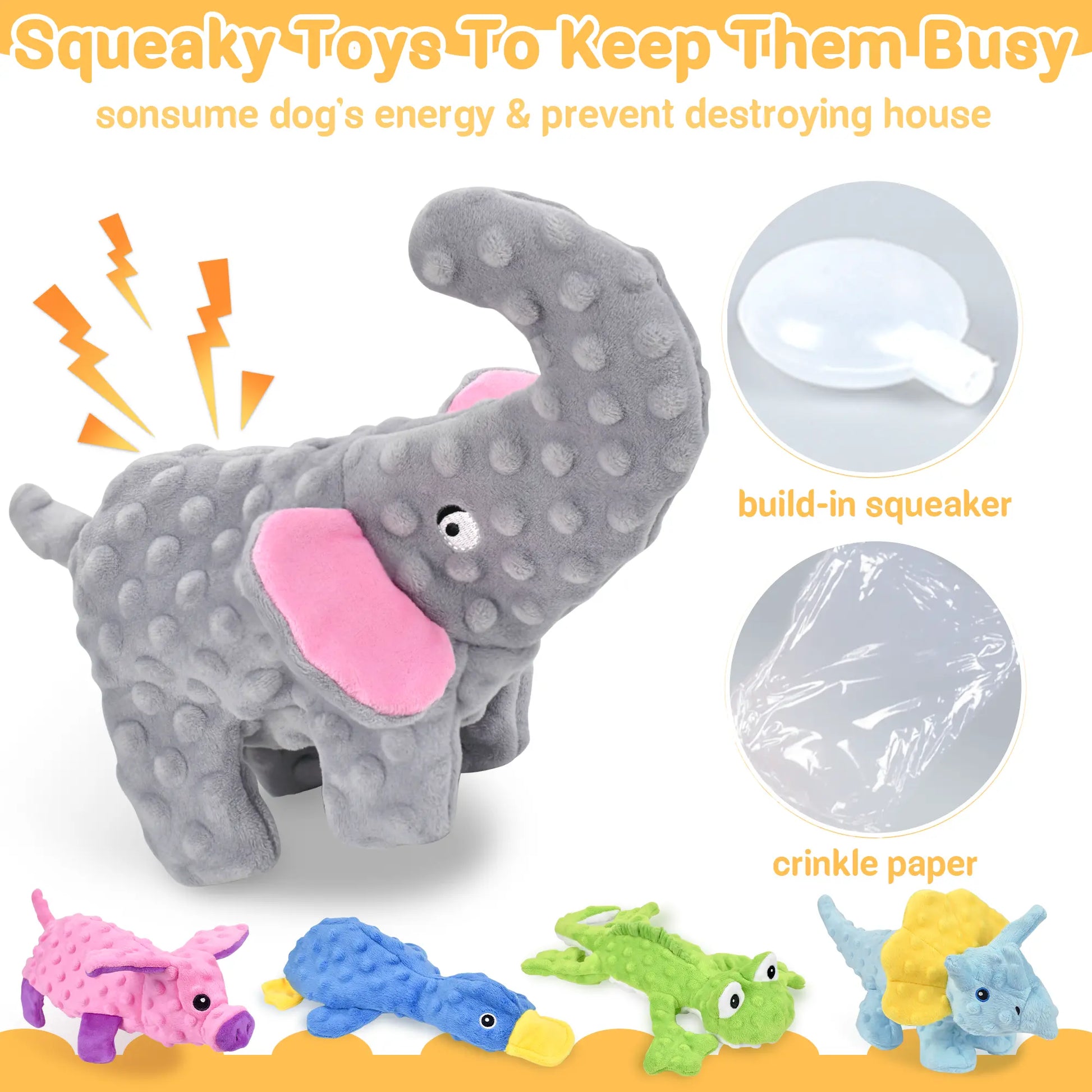 No Stuffing Squeaky Dog Toys featuring a plush elephant with built-in squeaker and crinkle paper for engaging play.