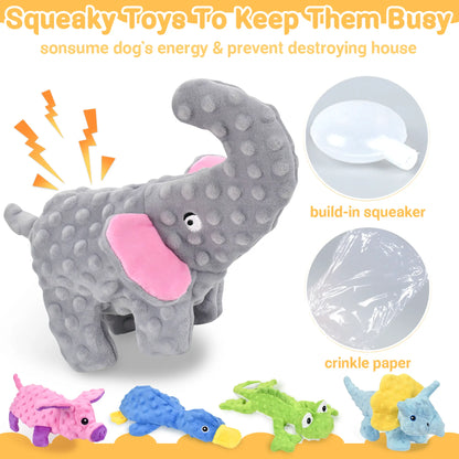 No Stuffing Squeaky Dog Toys featuring a plush elephant with built-in squeaker and crinkle paper for engaging play.
