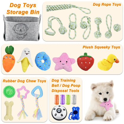 24 Pack Puppy Chew Toys, Dog Teething Toys with Storage Bin, Dog Rope Toys and Squeaky Toys for Boredom, Interactive Dog Toys for Small & Medium Breeds