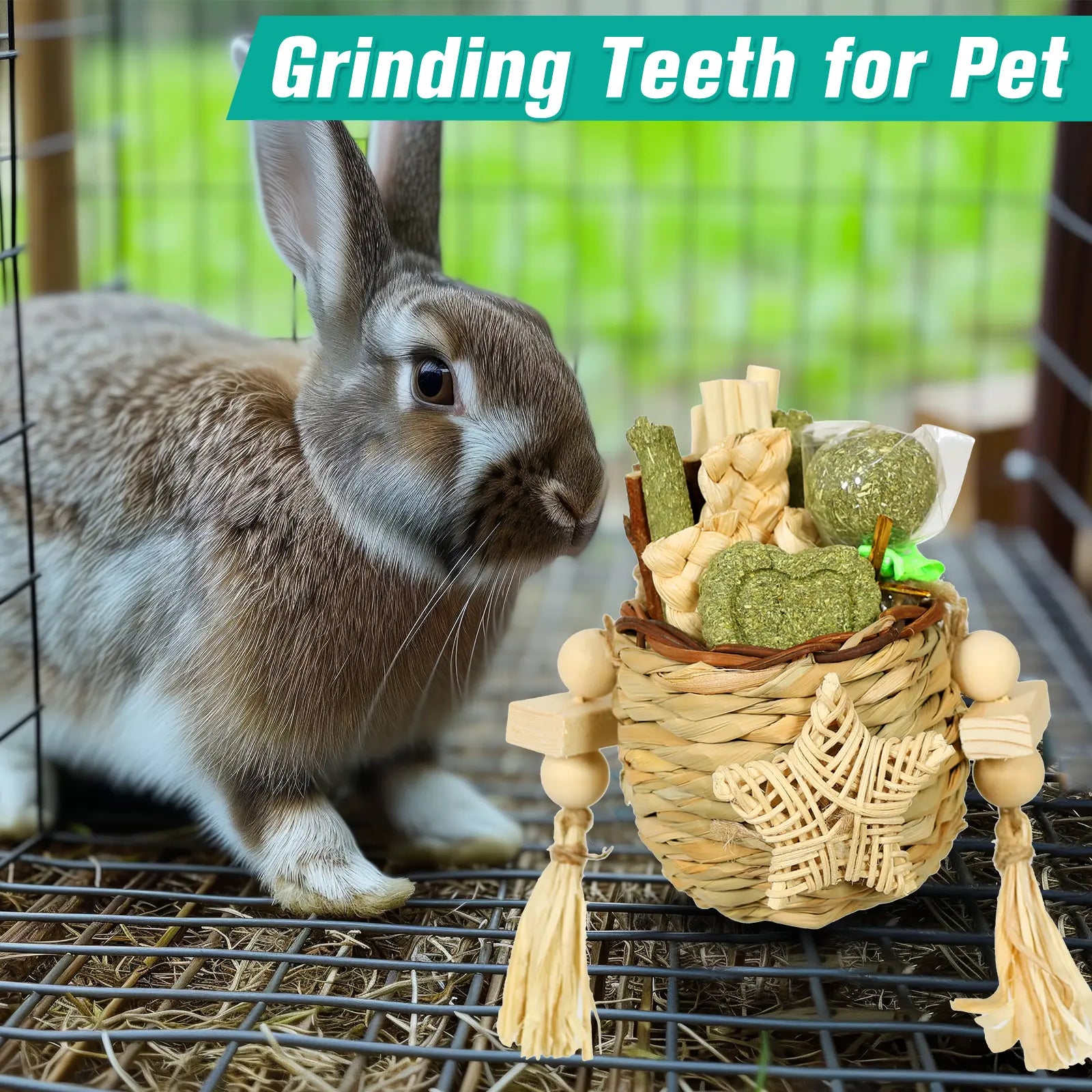 Rabbit Toy Reed Grass Hanging Basket Chews Woven Bunny Chewing Timothy Cake Wood Treats for Small Pets Safe Multifunctional Chew Toys