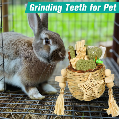 Rabbit Toy Reed Grass Hanging Basket Chews Woven Bunny Chewing Timothy Cake Wood Treats for Small Pets Safe Multifunctional Chew Toys