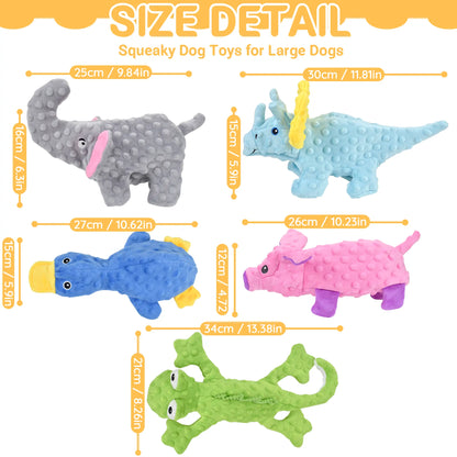 Size detail of No Stuffing Squeaky Dog Toys for large dogs, showcasing five colorful animal toys.