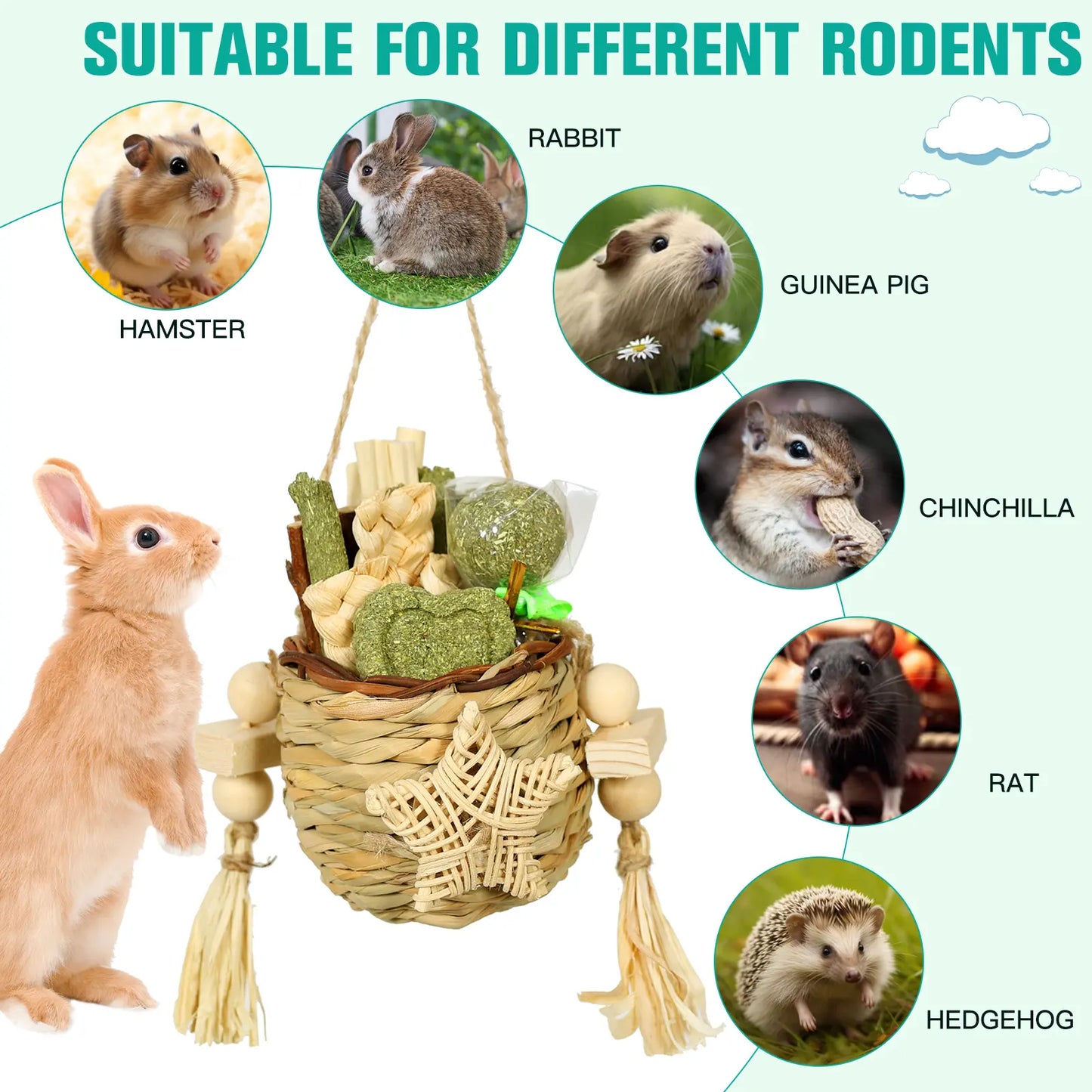 Rabbit Toy Reed Grass Hanging Basket Chews Woven Bunny Chewing Timothy Cake Wood Treats for Small Pets Safe Multifunctional Chew Toys
