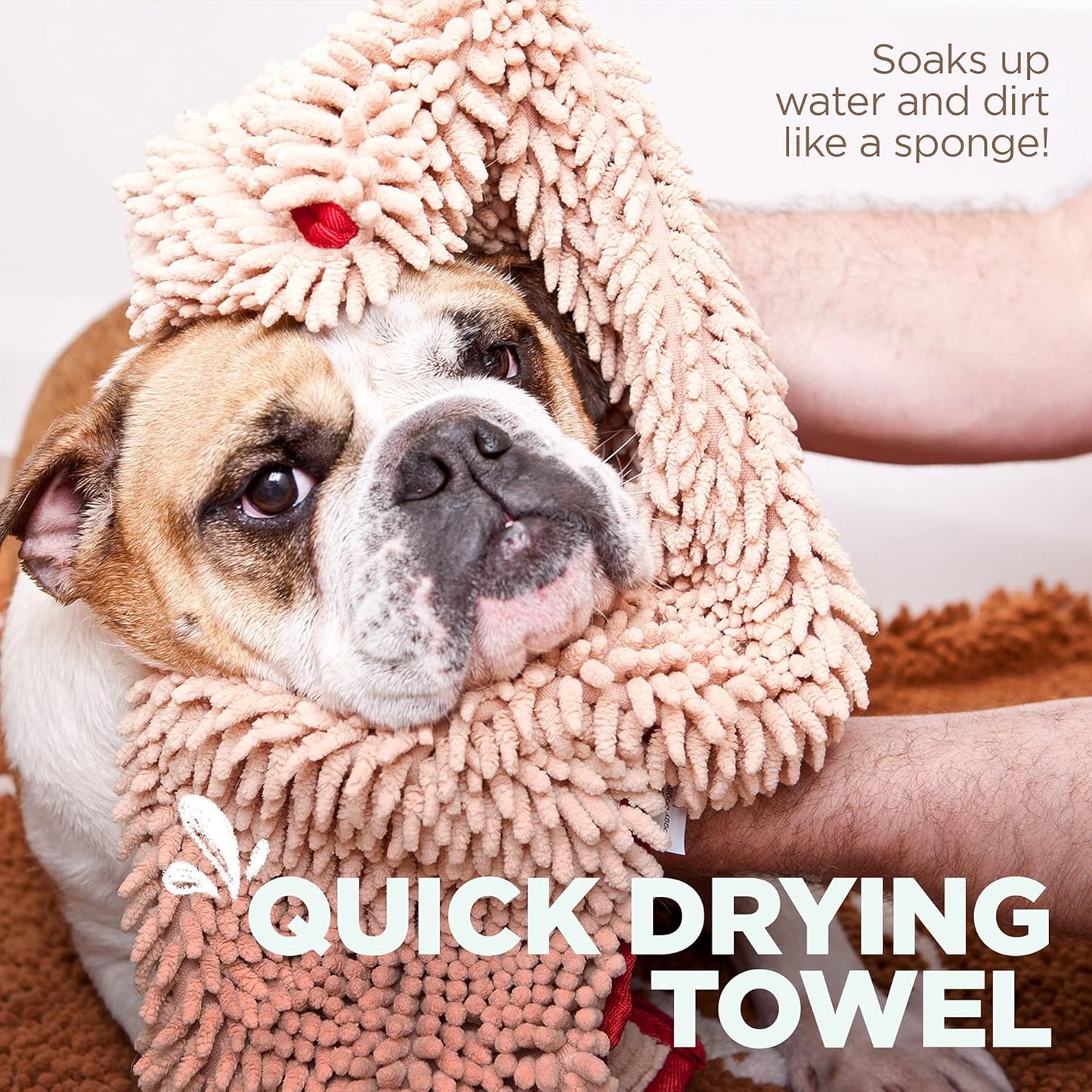 Soggy Doggy Super Shammy Dog Towel – Absorbent Microfiber Chenille Pet Towel for Drying Wet Dogs, Muddy Paws, Quick Dry Dog Shammy with Hand Pockets, Machine Washable – Beige/Red Trim, 31” X 14”