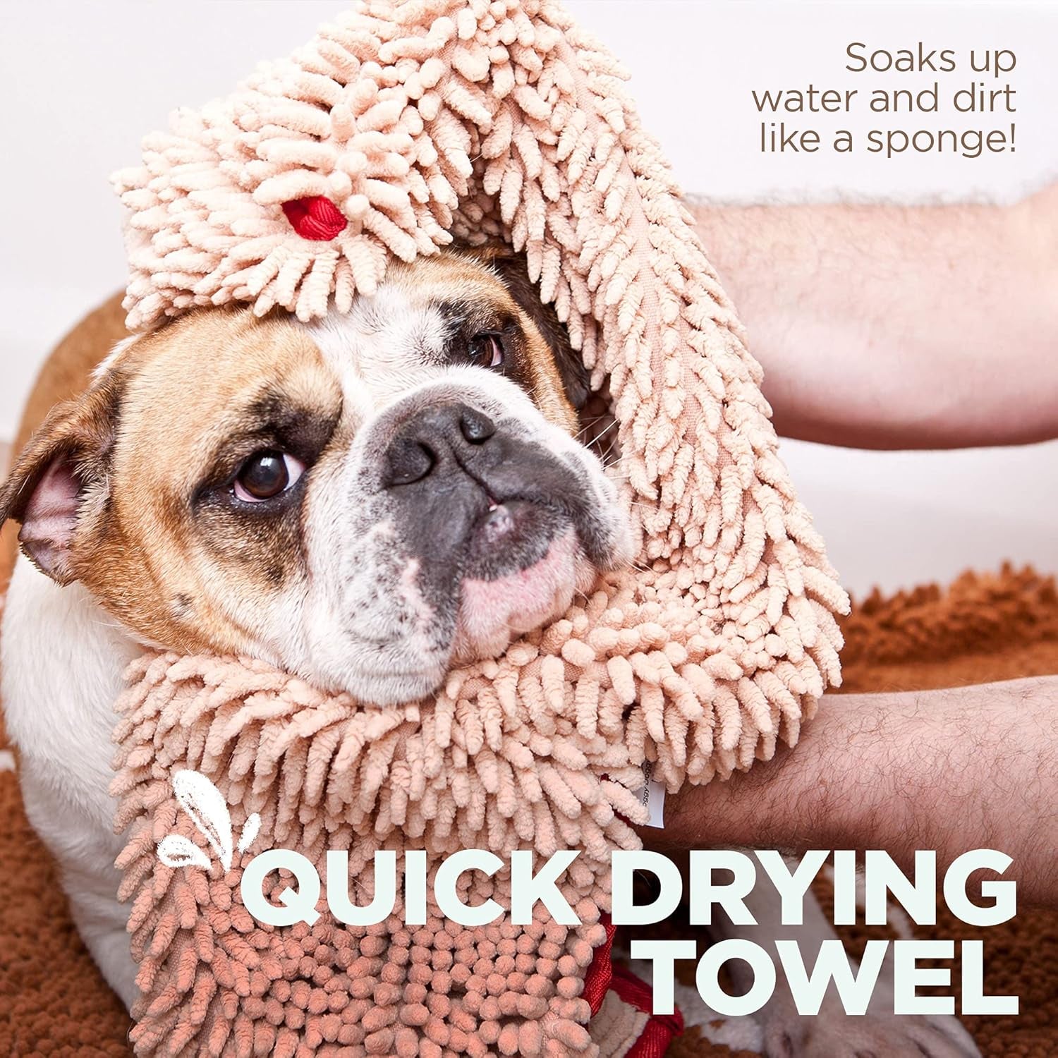 Soggy Doggy Super Shammy Dog Towel – Absorbent Microfiber Chenille Pet Towel for Drying Wet Dogs, Muddy Paws, Quick Dry Dog Shammy with Hand Pockets, Machine Washable – Beige/Red Trim, 31” X 14”