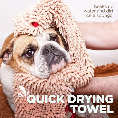Soggy Doggy Super Shammy Dog Towel – Absorbent Microfiber Chenille Pet Towel for Drying Wet Dogs, Muddy Paws, Quick Dry Dog Shammy with Hand Pockets, Machine Washable – Beige/Red Trim, 31” X 14”