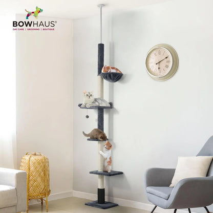 Elevate Your Cat's Playtime with the CAPHAUS Adjustable Floor to Ceiling Cat Tree - Cozy Hammock, Scratching Post & Interactive Play Features!