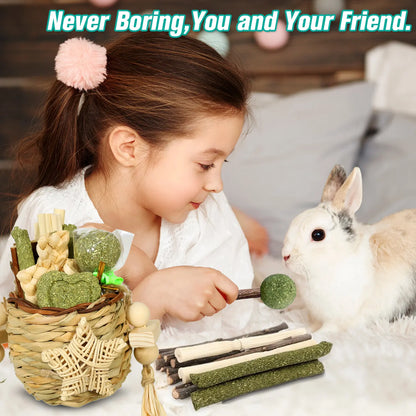 Rabbit Toy Reed Grass Hanging Basket Chews Woven Bunny Chewing Timothy Cake Wood Treats for Small Pets Safe Multifunctional Chew Toys