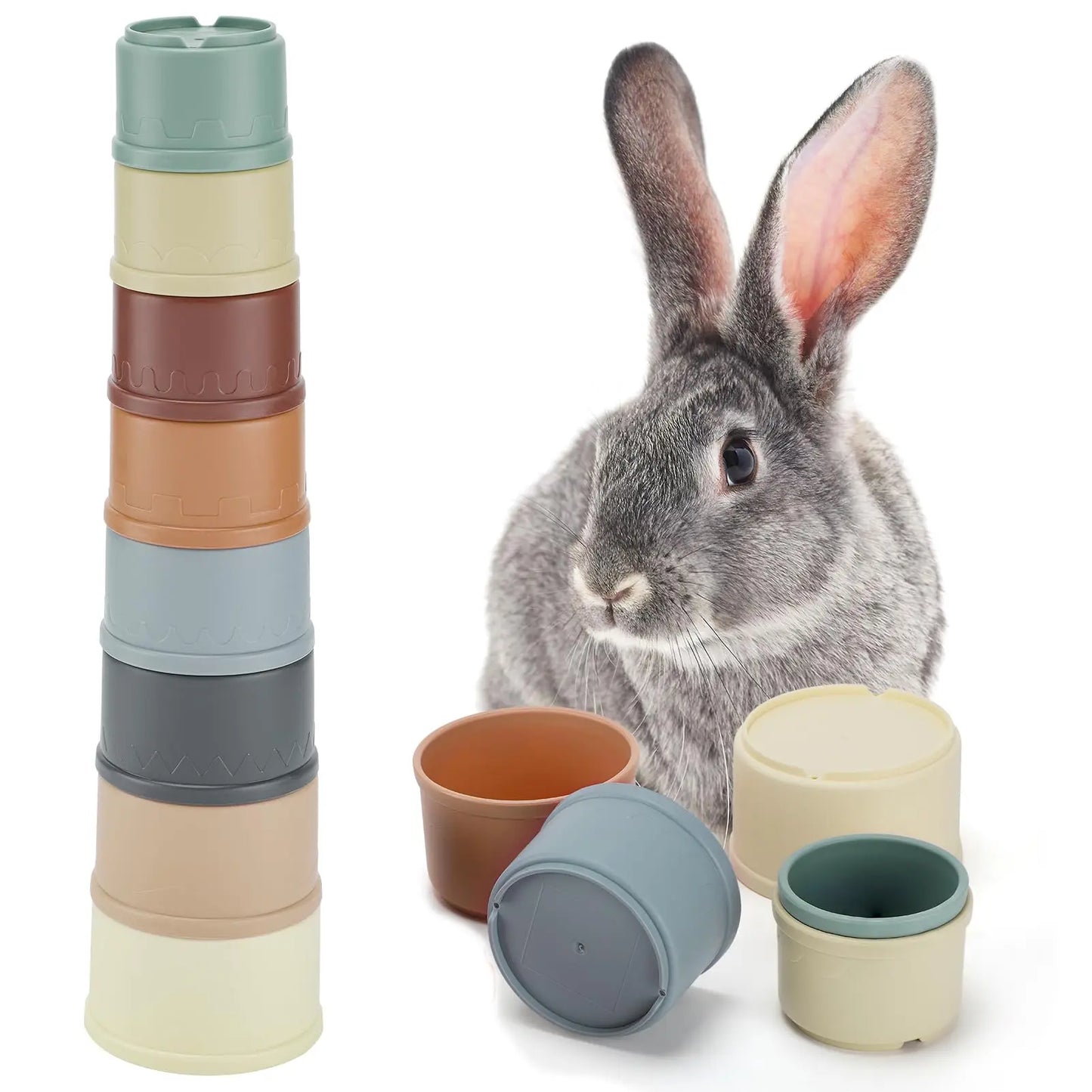 8 Pcs Small Animal Stacking Nesting Cups, Rabbit Stacker Toy, Random Colors, Safe Durable Plastic, Wash-Safe Easy Cleaning, Reusable for Hiding Food & Play, Indoor Outdoor Pet Feeding Supplies