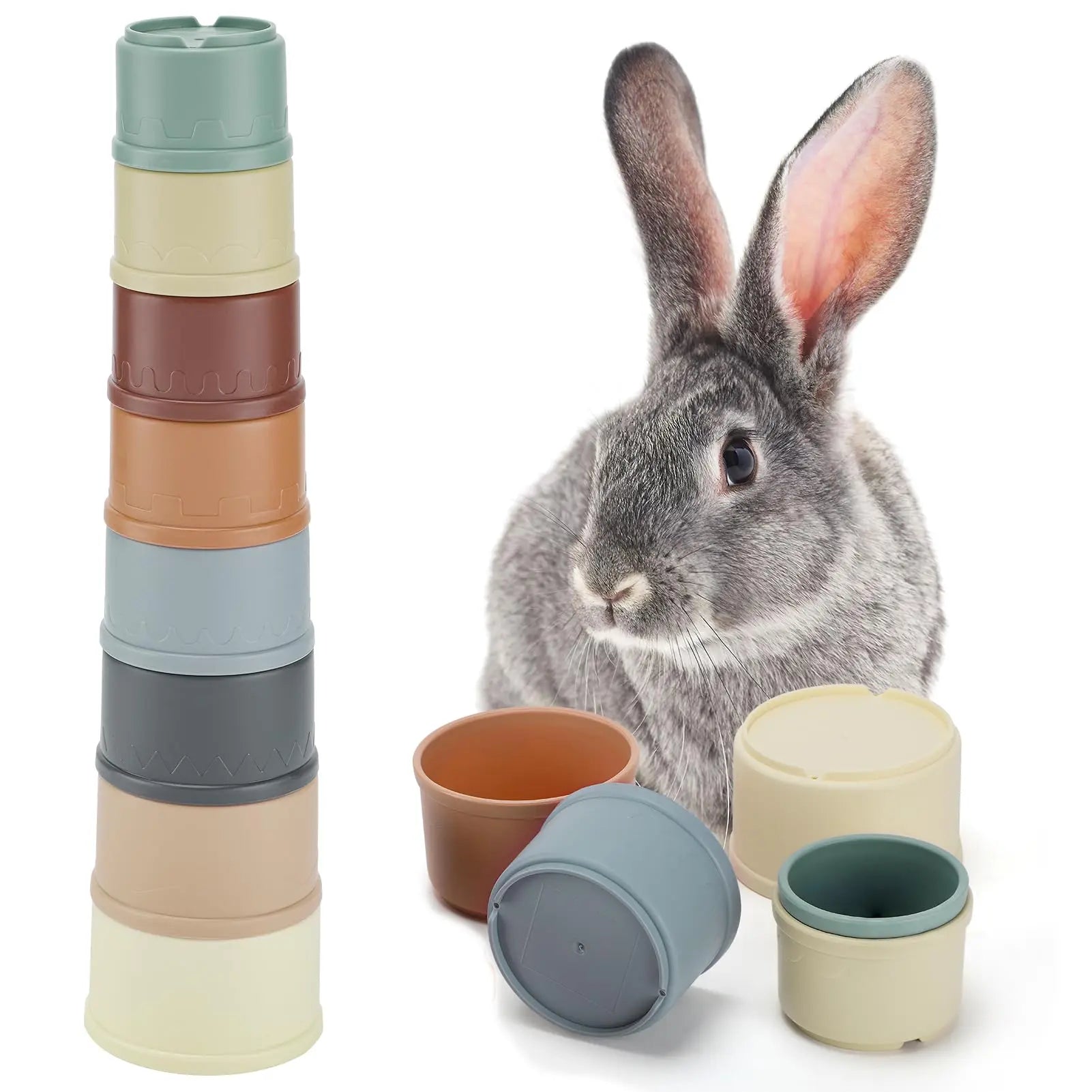 8 Pcs Small Animal Stacking Nesting Cups, Rabbit Stacker Toy, Random Colors, Safe Durable Plastic, Wash-Safe Easy Cleaning, Reusable for Hiding Food & Play, Indoor Outdoor Pet Feeding Supplies