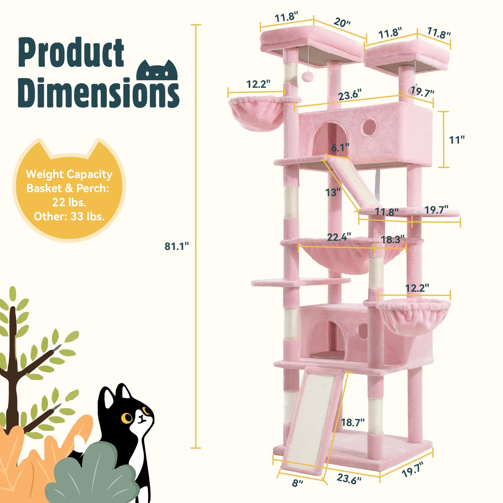 HOOMIC 81In Large Cat Tree Tower, Multi-Level Climbing House with Condo, Hammock & Scratching Post, Wide Base for Big Felines, Grey/Beige/Dark Blue/Pink/Leopard Print/Black Dots#Mothersdaygift