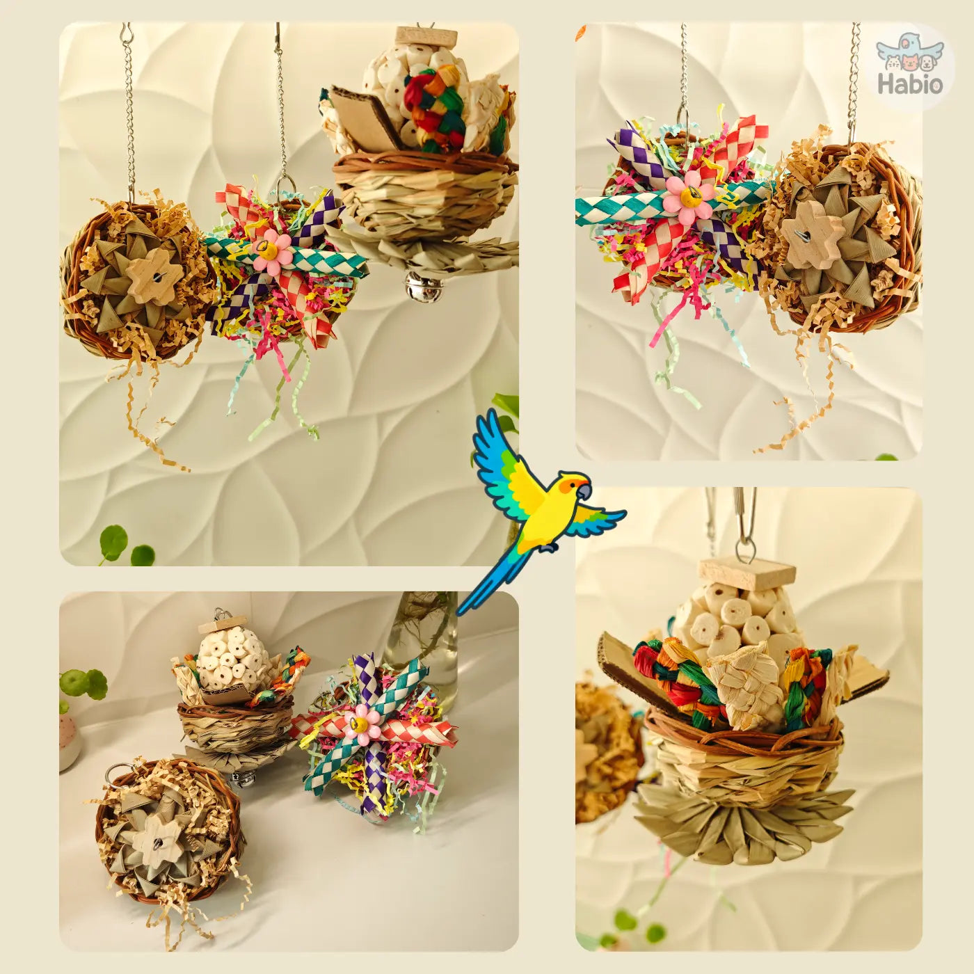 3PCS Parrot Chewing Toy Set - Natural Woven Creative Bird Toys with Shredding Paper, Colorful Hanging Toys for Budgies, Sun Conures & Small Parrots | Bird Cage Enrichment Accessories Parakeet Cage Accessory Toy with Bells