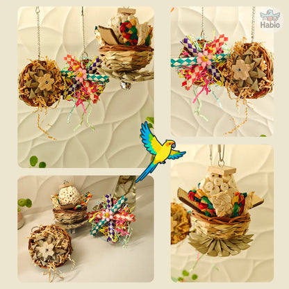 3PCS Parrot Chewing Toy Set - Natural Woven Creative Bird Toys with Shredding Paper, Colorful Hanging Toys for Budgies, Sun Conures & Small Parrots | Bird Cage Enrichment Accessories Parakeet Cage Accessory Toy with Bells