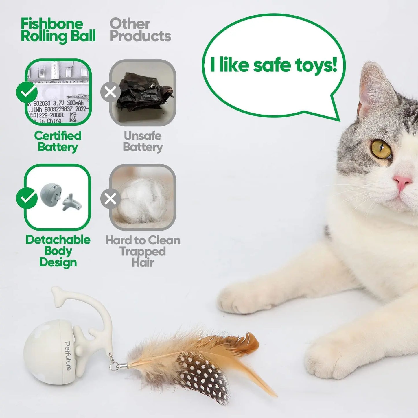 Fishbone Rolling Ball Pet Toy Cat Toy Interactive Indoor Pet Toy Kicker with Catnip Kitten Electric Cat Toy Ball 2 Accessories USB Rechargeable