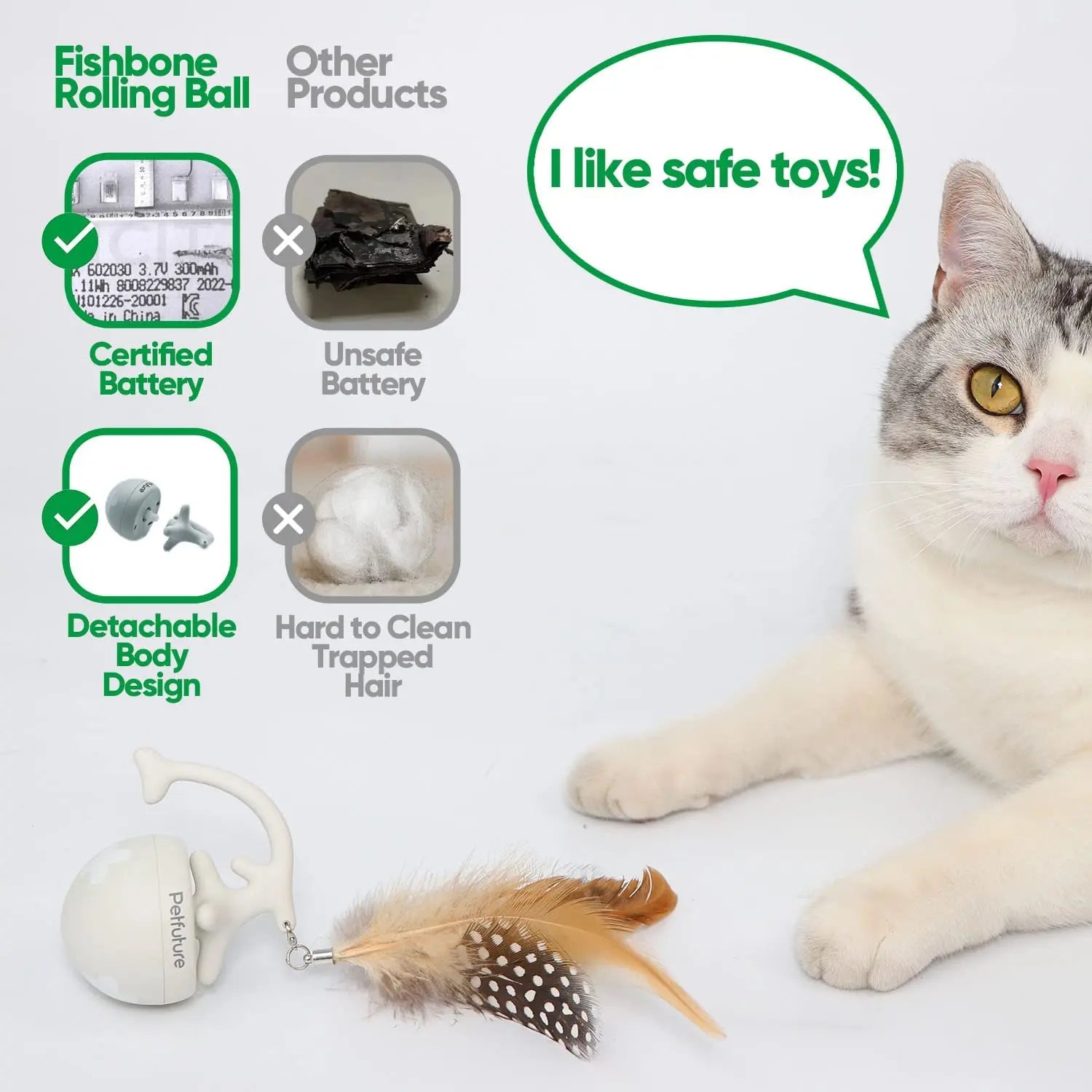 Fishbone Rolling Ball Pet Toy Cat Toy Interactive Indoor Pet Toy Kicker with Catnip Kitten Electric Cat Toy Ball 2 Accessories USB Rechargeable