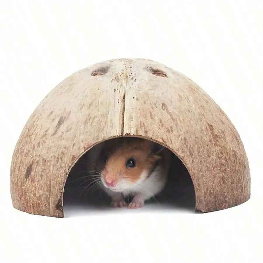 Coconut Shell Hideout Cave for Dwarf Hamsters & Small Pets, 3.9-5.1 Inch Size, Natural Material, Ideal Pet Accessory, Hamster Cage Habitat