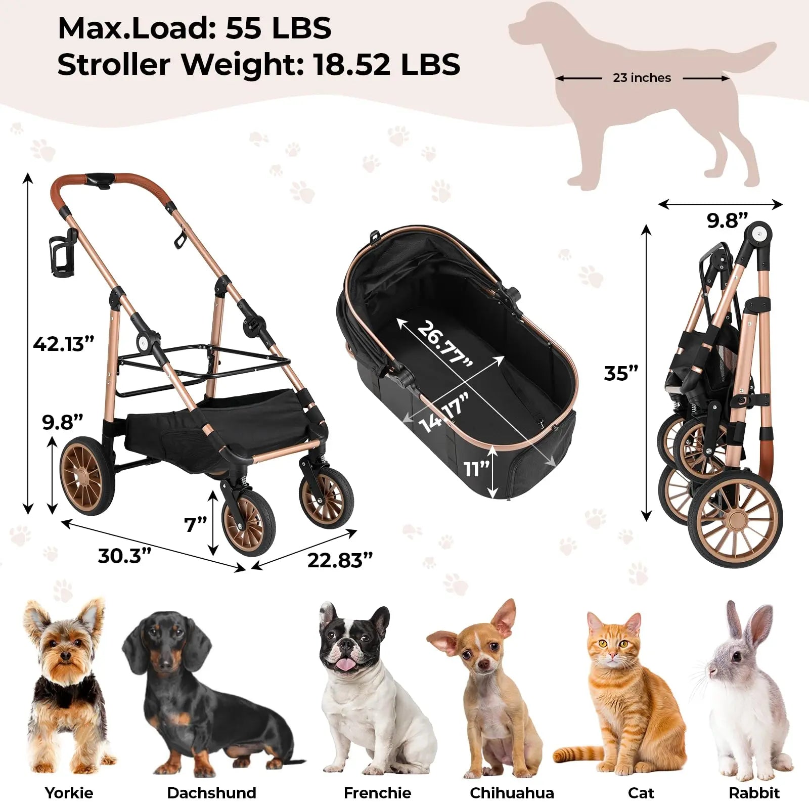 TLGREEN All-Terrain 3-in-1 Pet Stroller for Medium Dogs & Cats - Comfortable, Convenient & Stylish for Pets Up to 55 lbs