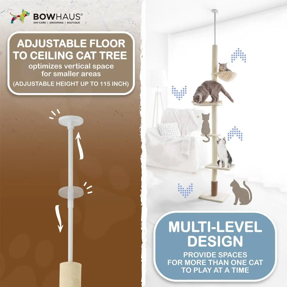 Elevate Your Cat's Playtime with the CAPHAUS Adjustable Floor to Ceiling Cat Tree - Cozy Hammock, Scratching Post & Interactive Play Features!
