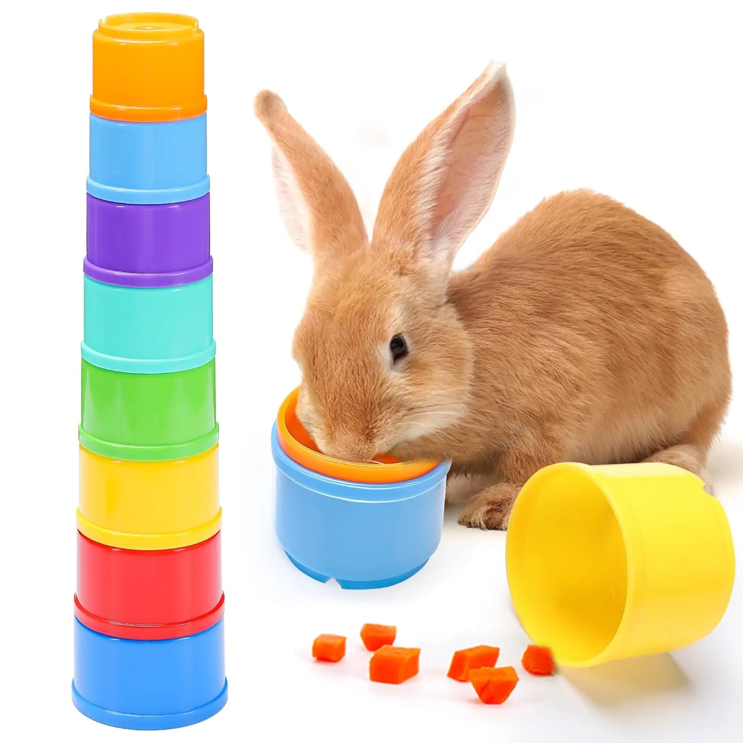 8 Pcs Small Animal Stacking Nesting Cups, Rabbit Stacker Toy, Random Colors, Safe Durable Plastic, Wash-Safe Easy Cleaning, Reusable for Hiding Food & Play, Indoor Outdoor Pet Feeding Supplies