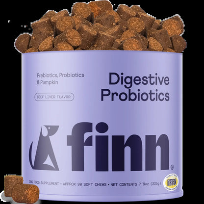 FINN Digestive Probiotics for Dogs - Complete Digestive System Support with 6 Stains Live Probiotics, Pumpkin & Prebiotics - Vet Recommended - 90 Soft Chews – Canine Nutritional Supplement