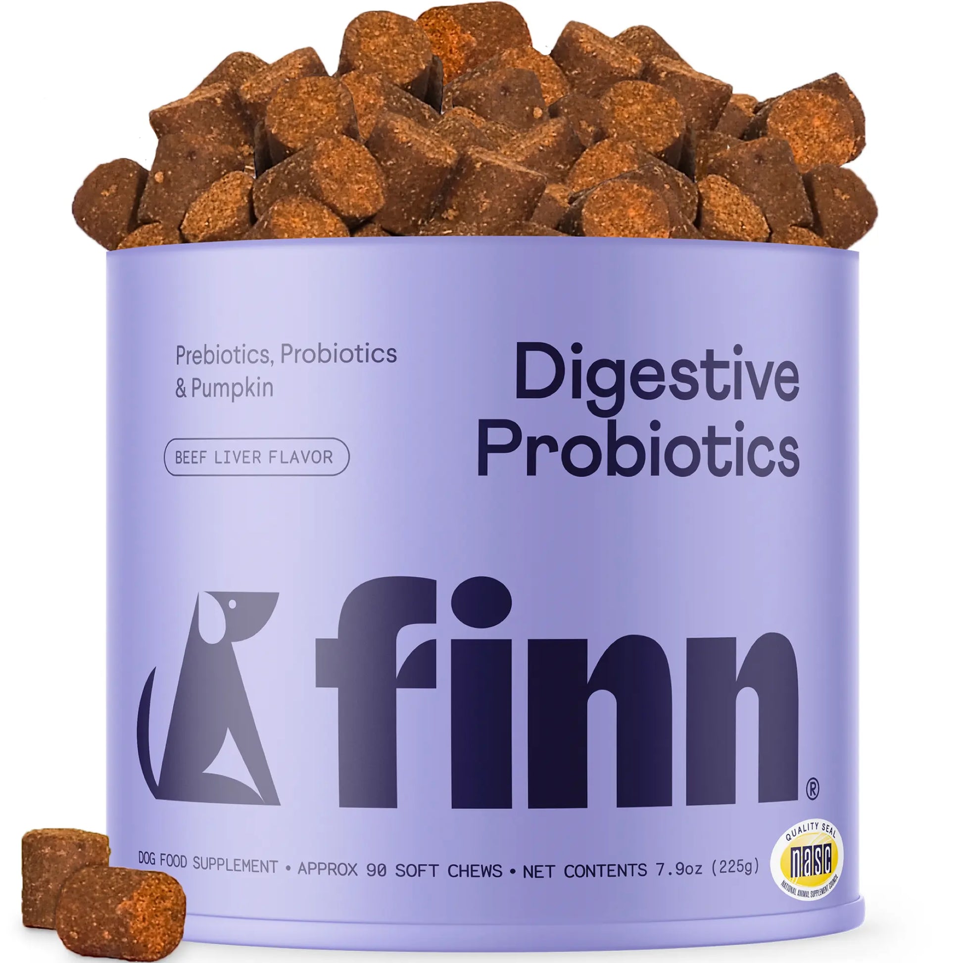 FINN Digestive Probiotics for Dogs - Complete Digestive System Support with 6 Stains Live Probiotics, Pumpkin & Prebiotics - Vet Recommended - 90 Soft Chews – Canine Nutritional Supplement