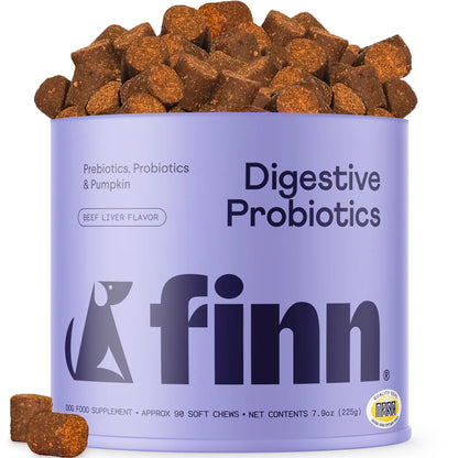 FINN Digestive Probiotics for Dogs - Complete Digestive System Support with 6 Stains Live Probiotics, Pumpkin & Prebiotics - Vet Recommended - 90 Soft Chews – Canine Nutritional Supplement