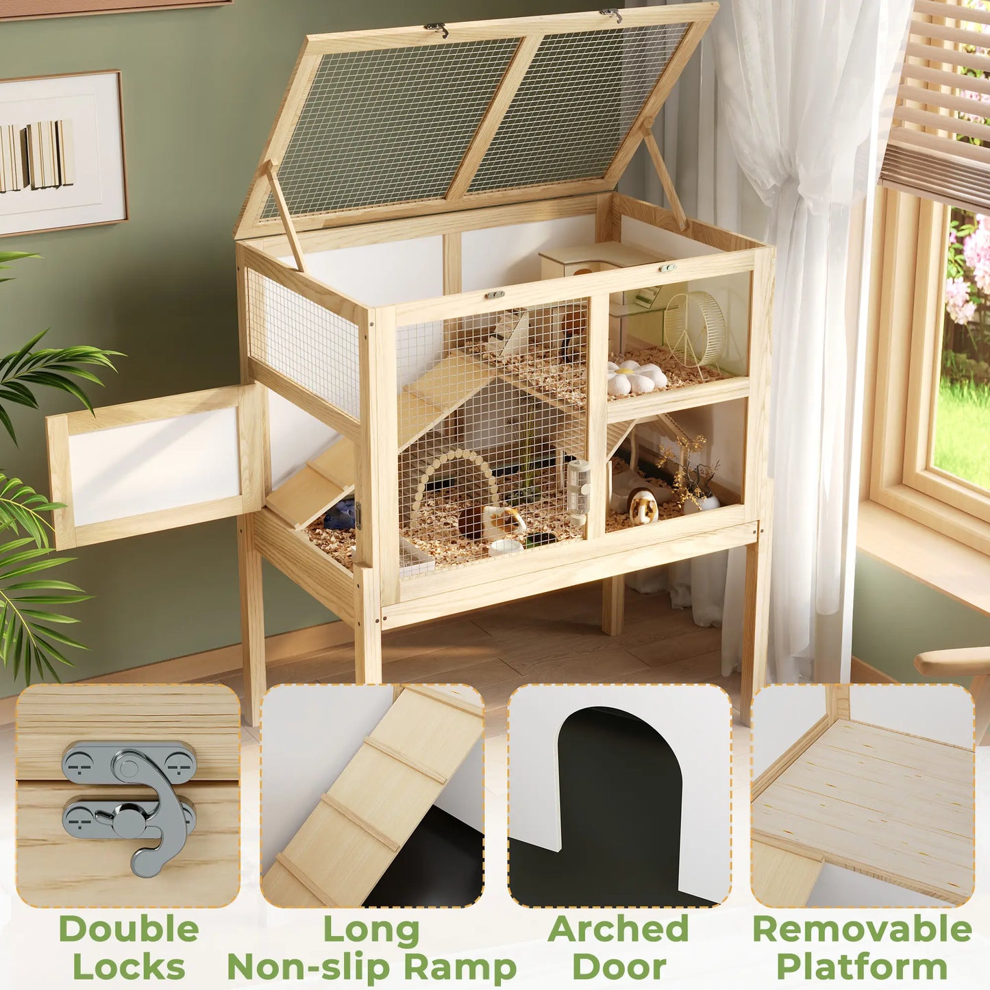UFU&GAGA Guinea Pig Cages for 2, Small Animals Rabbit Cages with a Pull Out Tray, Large Wooden Indoor 2-Story Hamster House, Guinea Pig Hideout Habitat Playpen with Ramp, Platform, Natural
