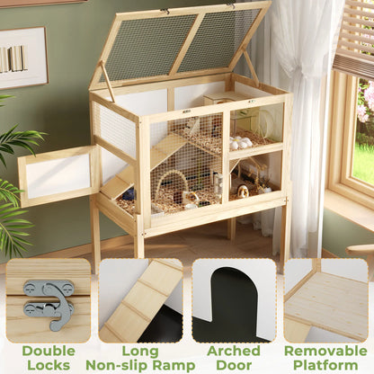 UFU&GAGA Guinea Pig Cages for 2, Small Animals Rabbit Cages with a Pull Out Tray, Large Wooden Indoor 2-Story Hamster House, Guinea Pig Hideout Habitat Playpen with Ramp, Platform, Natural