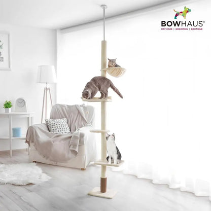 Elevate Your Cat's Playtime with the CAPHAUS Adjustable Floor to Ceiling Cat Tree - Cozy Hammock, Scratching Post & Interactive Play Features!
