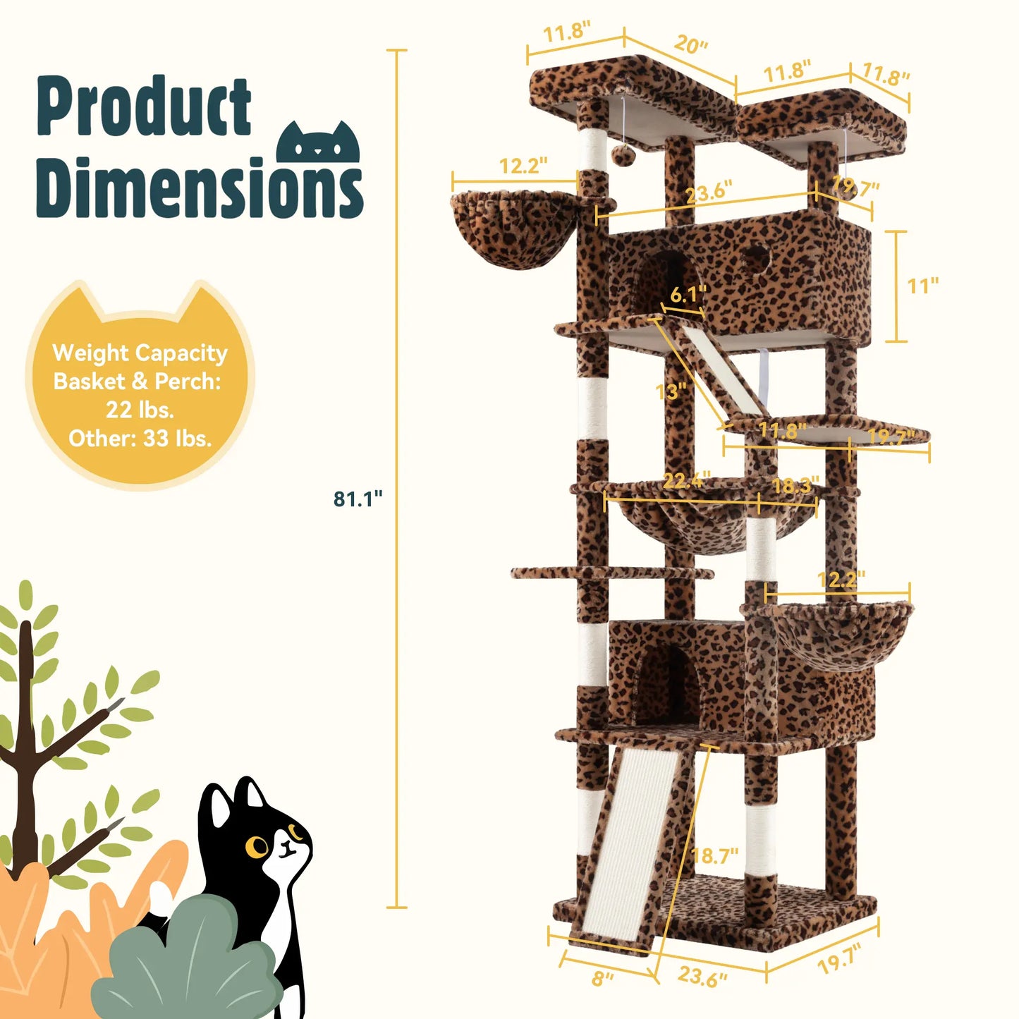 HOOMIC 81In Large Cat Tree Tower, Multi-Level Climbing House with Condo, Hammock & Scratching Post, Wide Base for Big Felines, Grey/Beige/Dark Blue/Pink/Leopard Print/Black Dots#Mothersdaygift